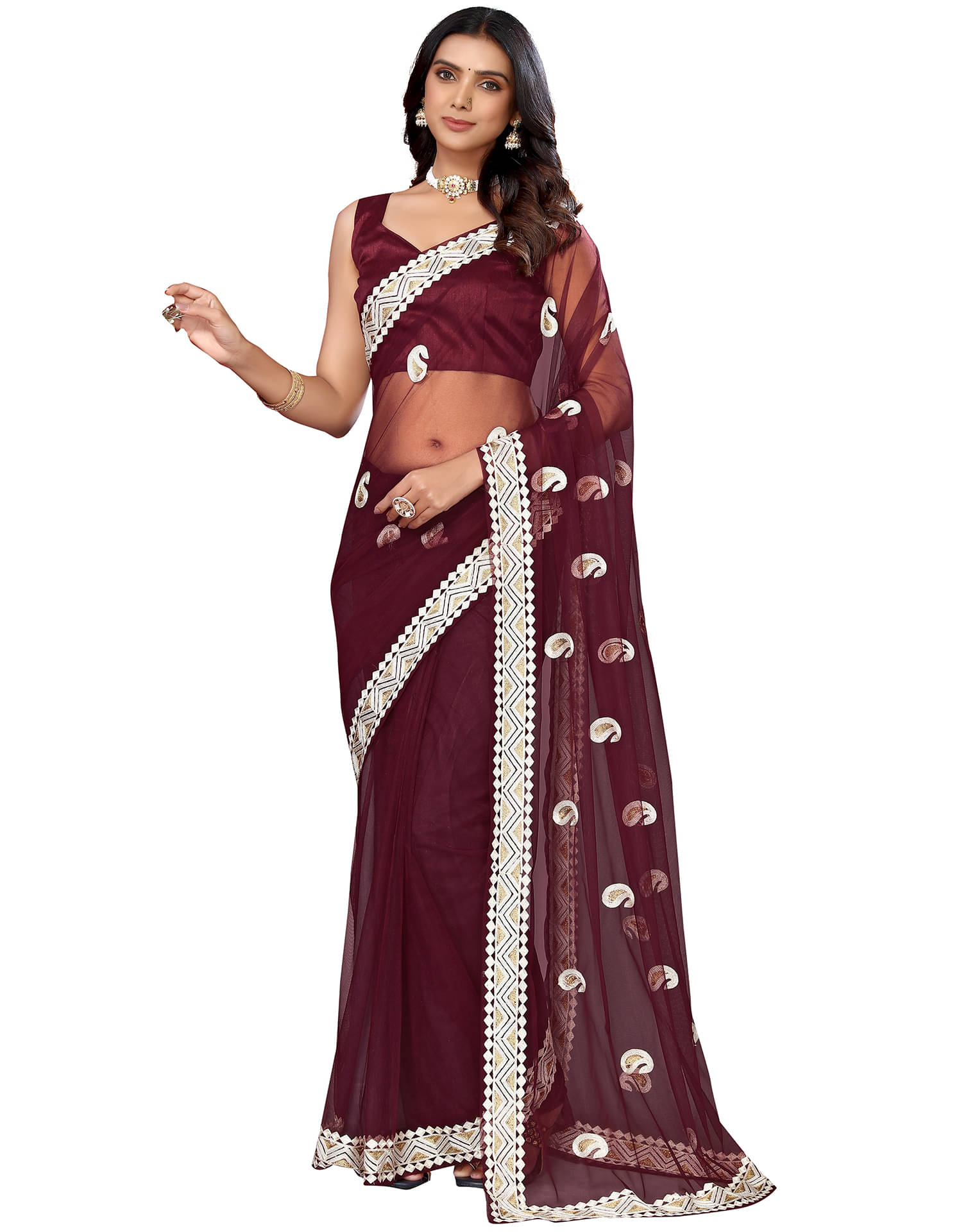 Satrani Net Embroidered Saree With Unstitched Blouse Piece ( Maroon ) Satrani Net Embroidered Saree With Unstitched Blouse Piece ( Maroon )