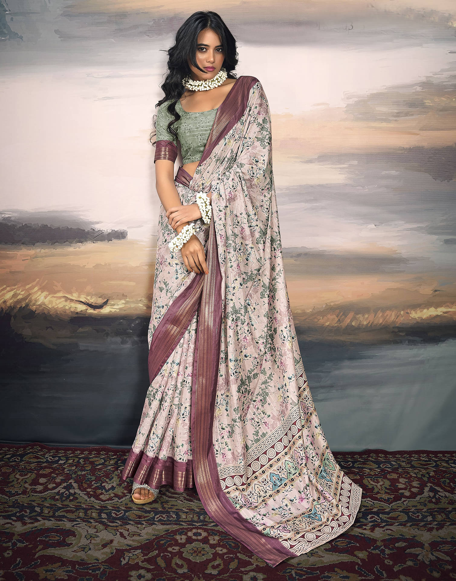     			Satrani Organza Printed Saree With Unstitched Blouse Piece ( Pink )