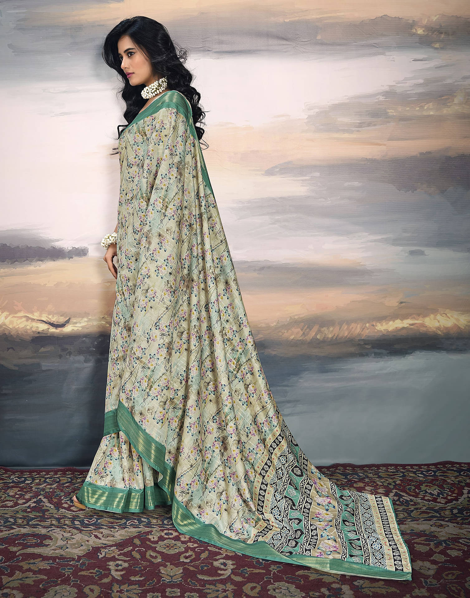     			Satrani Organza Printed Saree With Unstitched Blouse Piece ( Green )