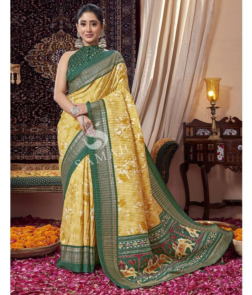 Satrani Silk Printed Saree With Unstitched Blouse Piece ( Yellow ) Satrani Silk Printed Saree With Unstitched Blouse Piece ( Yellow )