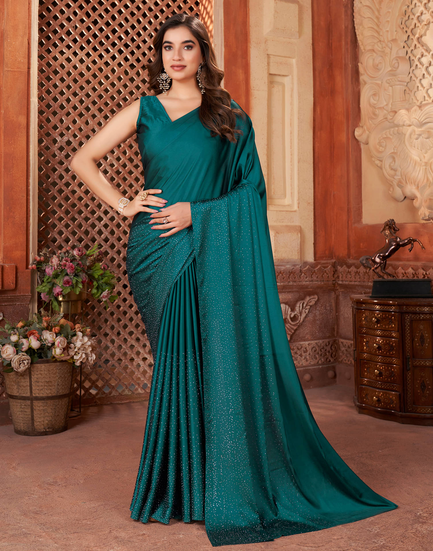 Satrani Satin Embellished Saree With Unstitched Blouse Piece ( Rama ) Satrani Satin Embellished Saree With Unstitched Blouse Piece ( Rama )