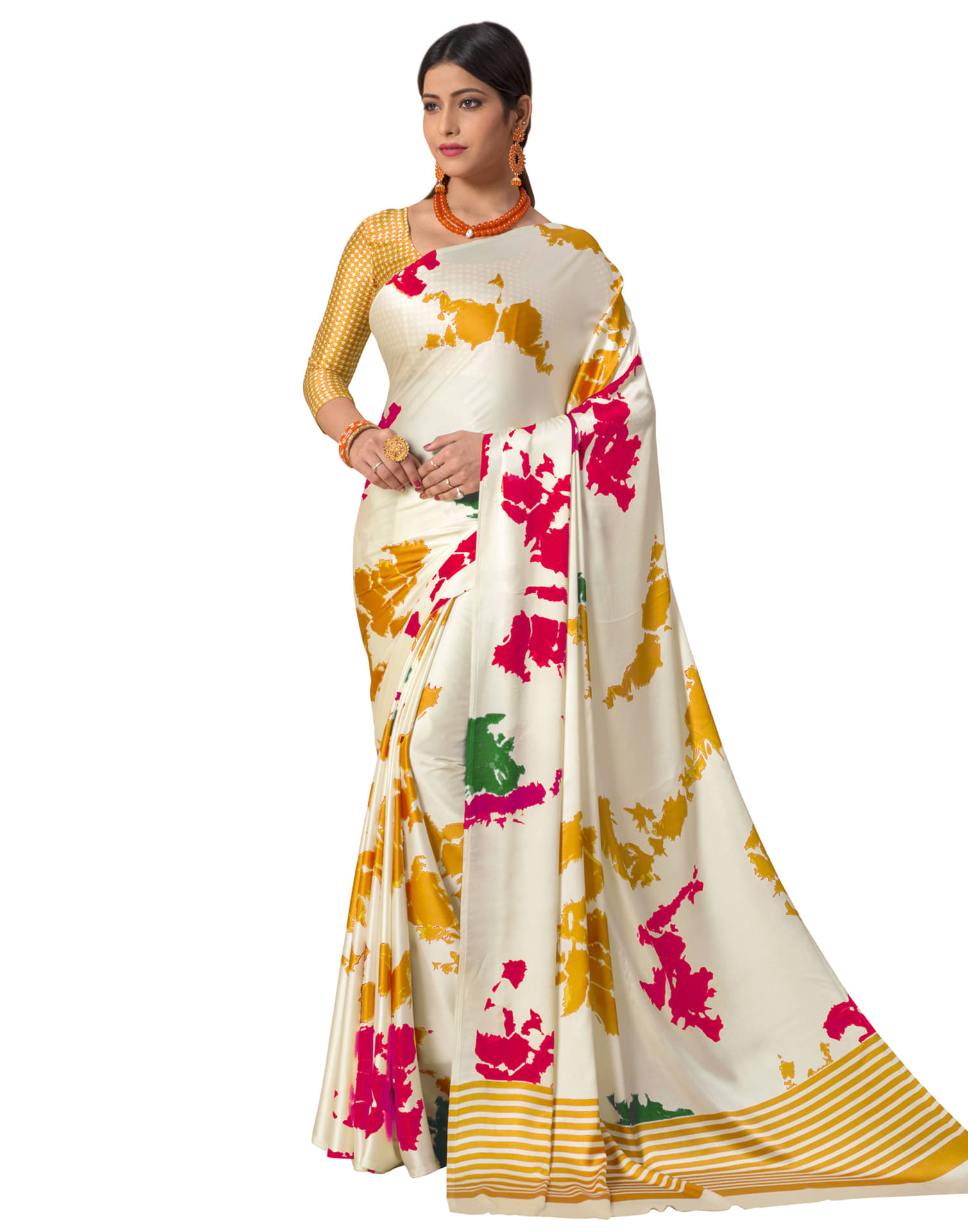 Satrani Satin Printed Saree With Unstitched Blouse Piece ( White ) Satrani Satin Printed Saree With Unstitched Blouse Piece ( White )