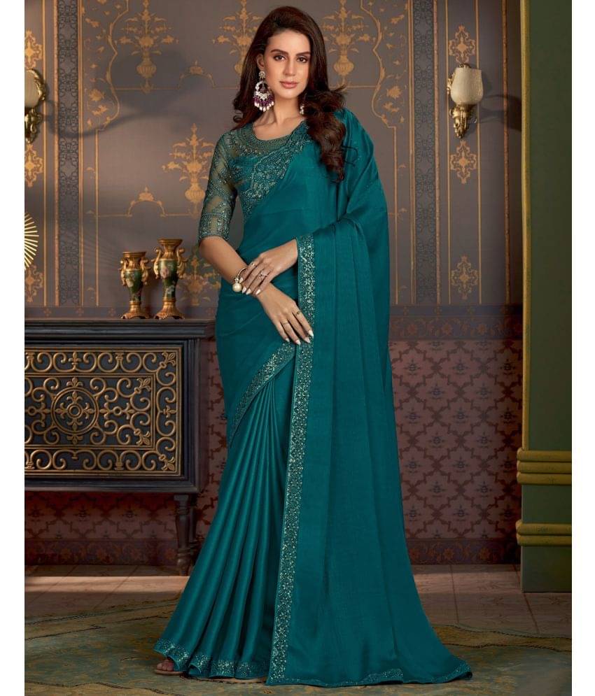     			Satrani Satin Solid Saree With Unstitched Blouse Piece ( Teal )