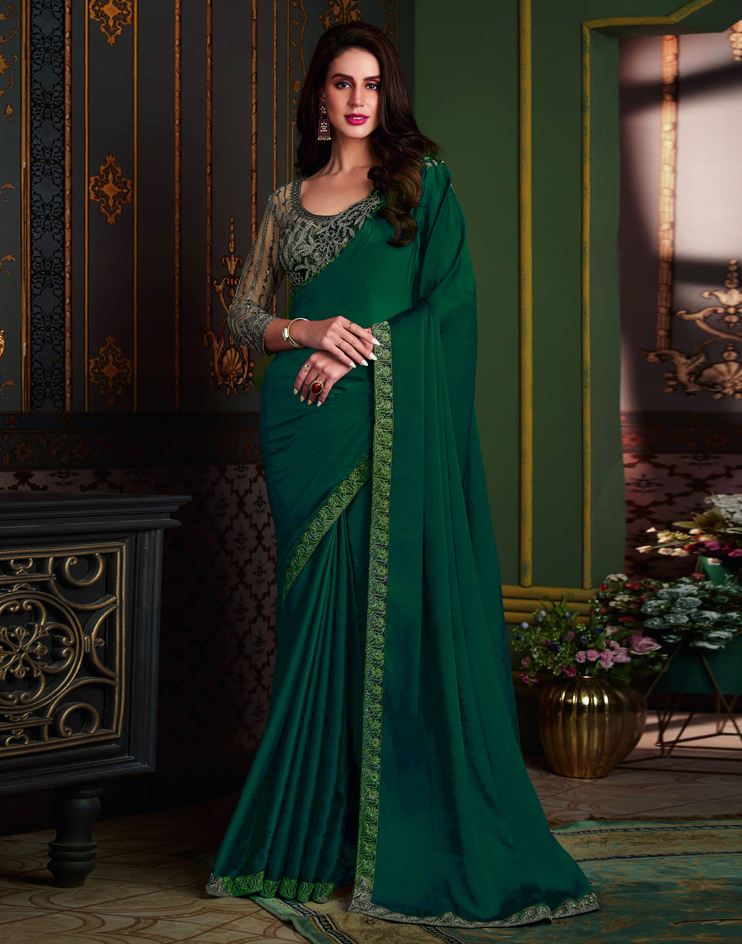     			Satrani Satin Solid Saree With Unstitched Blouse Piece ( Green )
