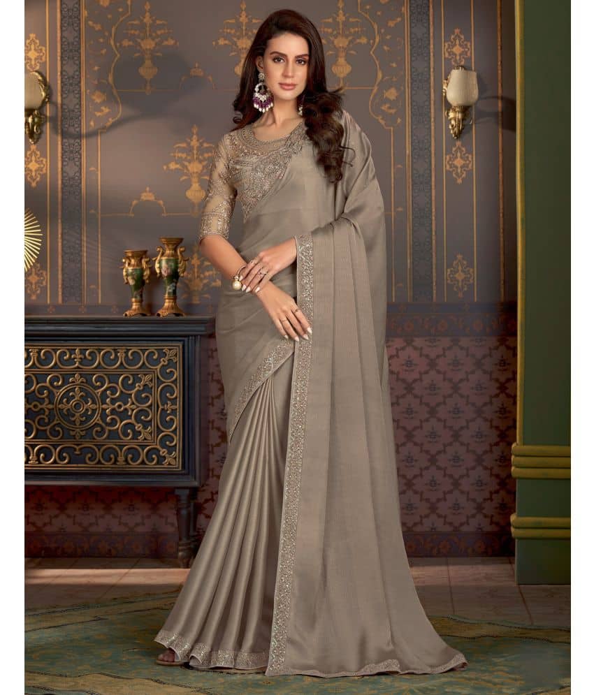 Satrani Satin Solid Saree With Unstitched Blouse Piece ( Beige ) - Sarees | Buy online on ZillyBuy