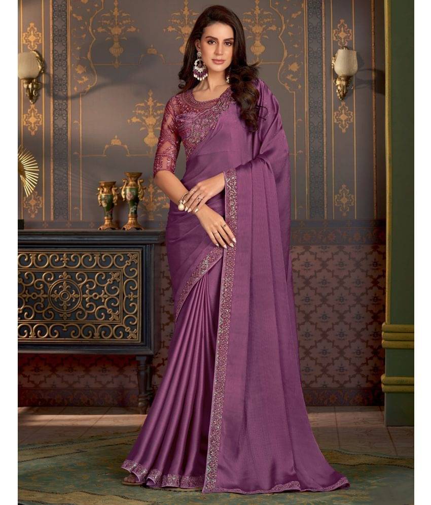     			Satrani Satin Solid Saree With Unstitched Blouse Piece ( Purple )