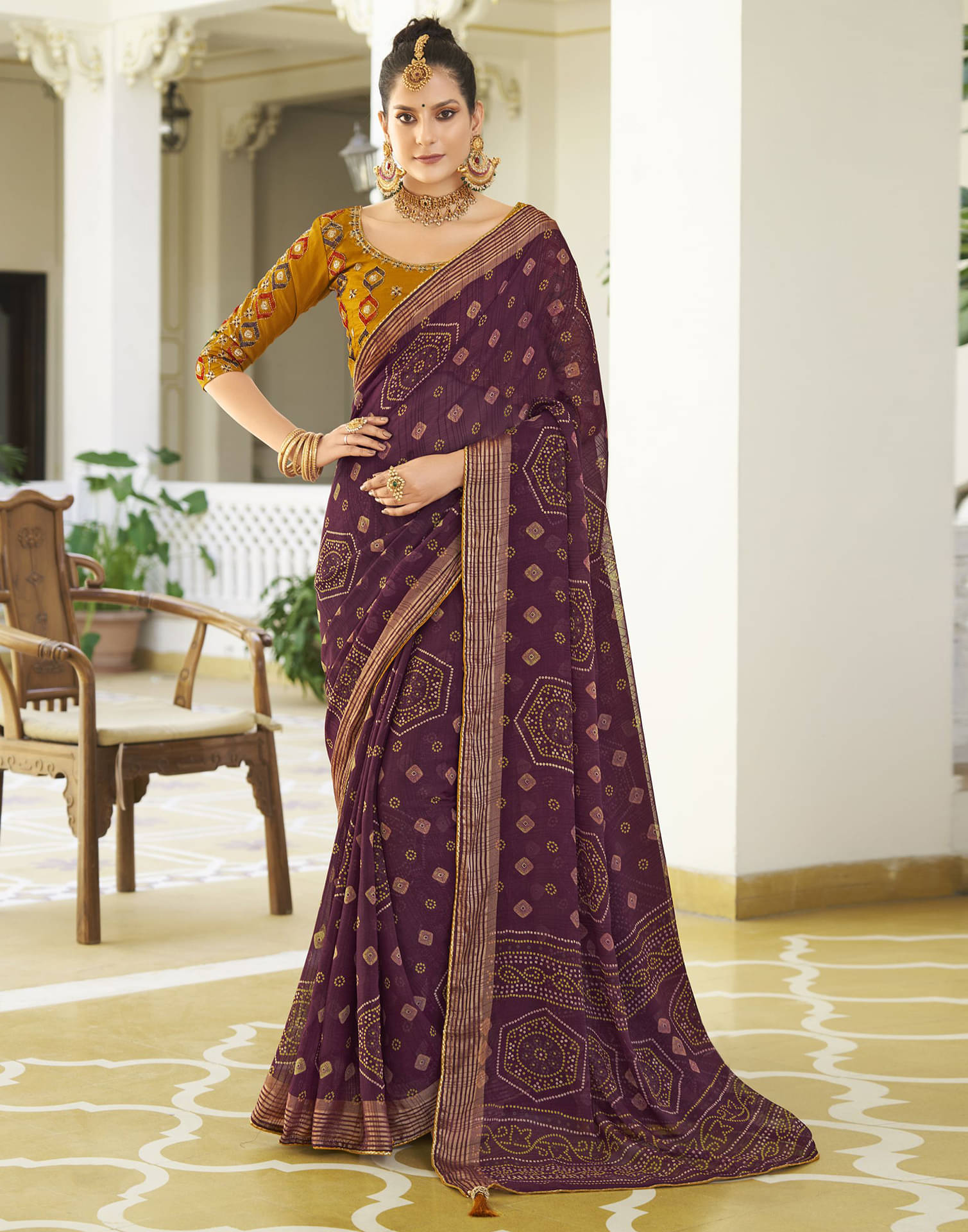     			Satrani Shimmer Printed Saree With Unstitched Blouse Piece ( Wine )