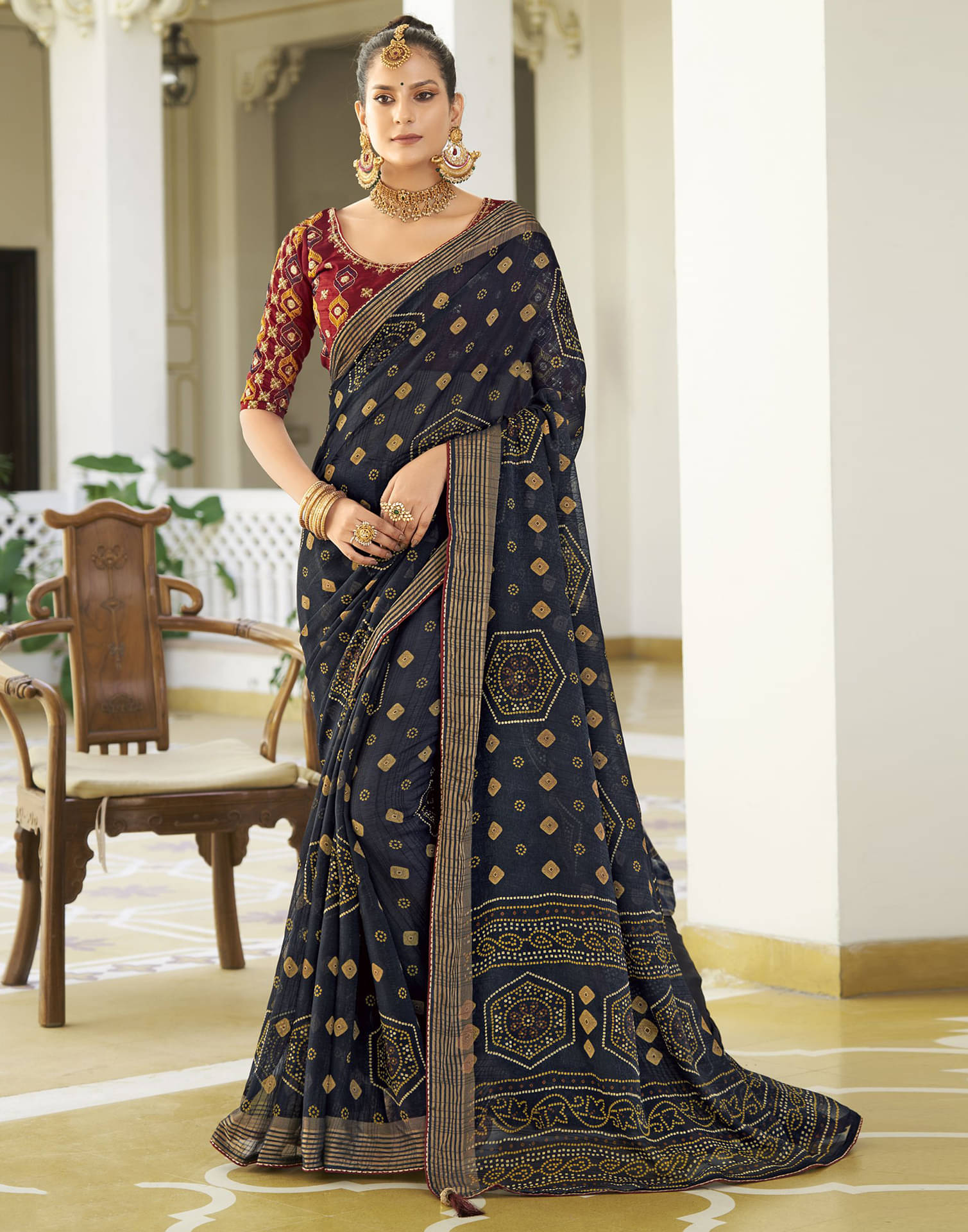     			Satrani Shimmer Printed Saree With Unstitched Blouse Piece ( Navy Blue )