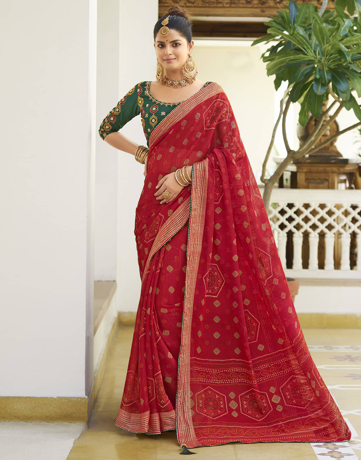     			Satrani Shimmer Printed Saree With Unstitched Blouse Piece ( Red )