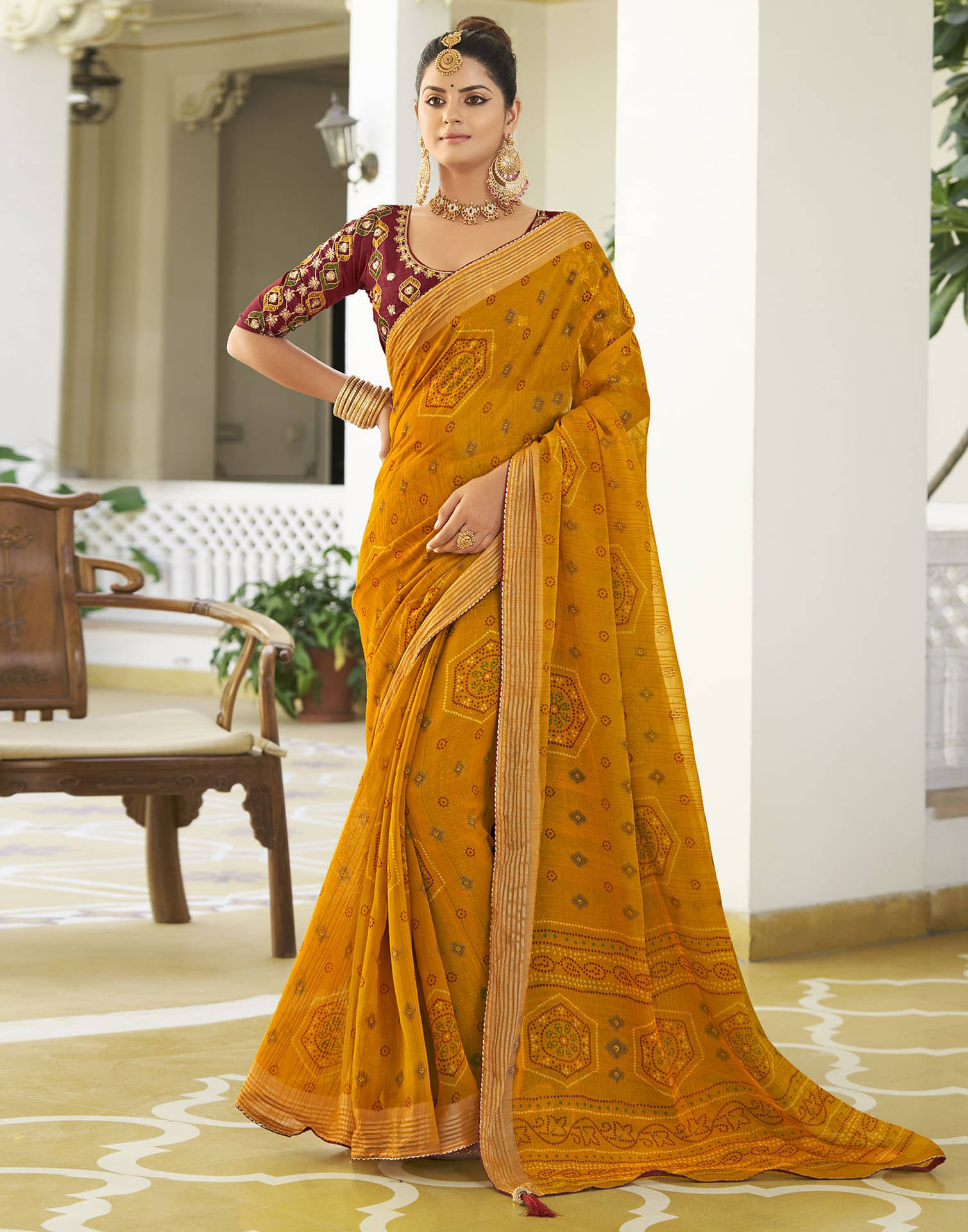     			Satrani Shimmer Printed Saree With Unstitched Blouse Piece ( Yellow )
