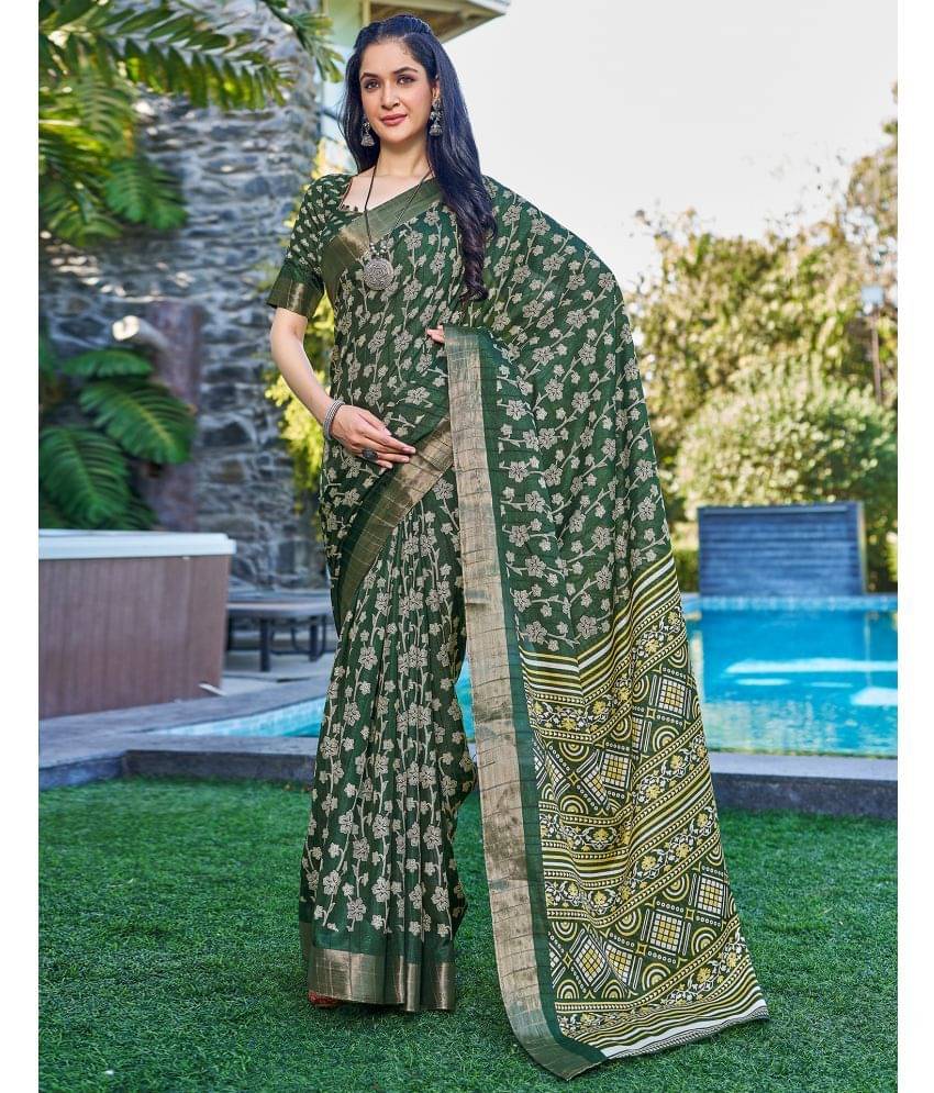 Satrani Silk Printed Saree With Unstitched Blouse Piece ( Green ) Satrani Silk Printed Saree With Unstitched Blouse Piece ( Green )