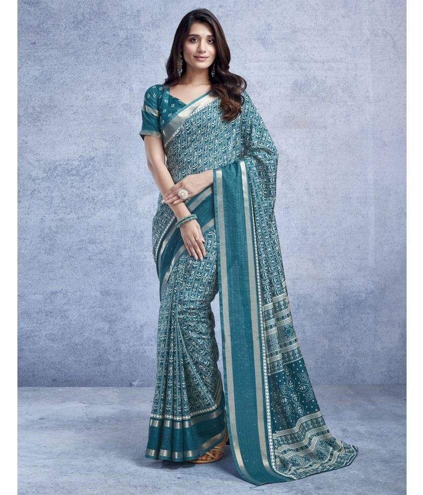 Satrani Silk Printed Saree With Unstitched Blouse Piece ( Teal ) Satrani Silk Printed Saree With Unstitched Blouse Piece ( Teal )