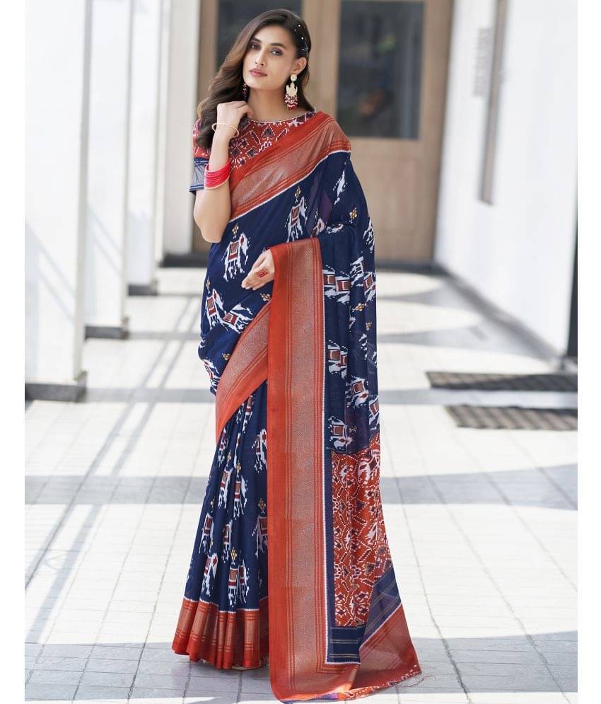     			Satrani Silk Printed Saree With Unstitched Blouse Piece ( Navy Blue )