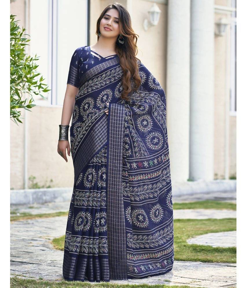     			Satrani Silk Printed Saree With Unstitched Blouse Piece ( Navy Blue )