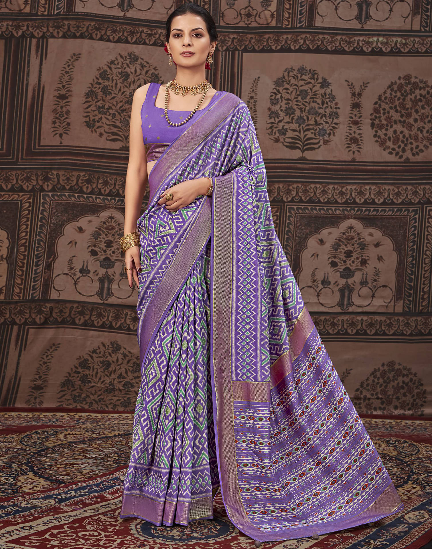     			Satrani Silk Printed Saree With Unstitched Blouse Piece ( Lavender )