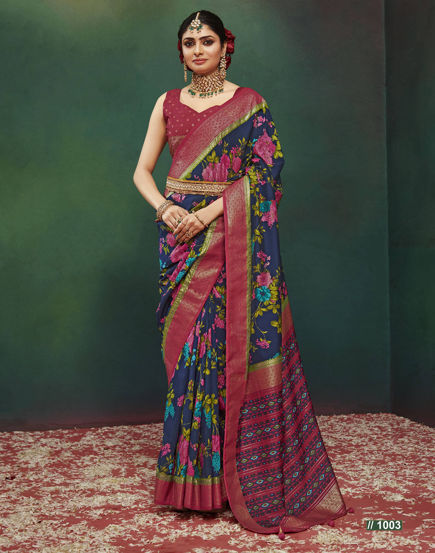     			Satrani Silk Printed Saree With Unstitched Blouse Piece ( Navy Blue )