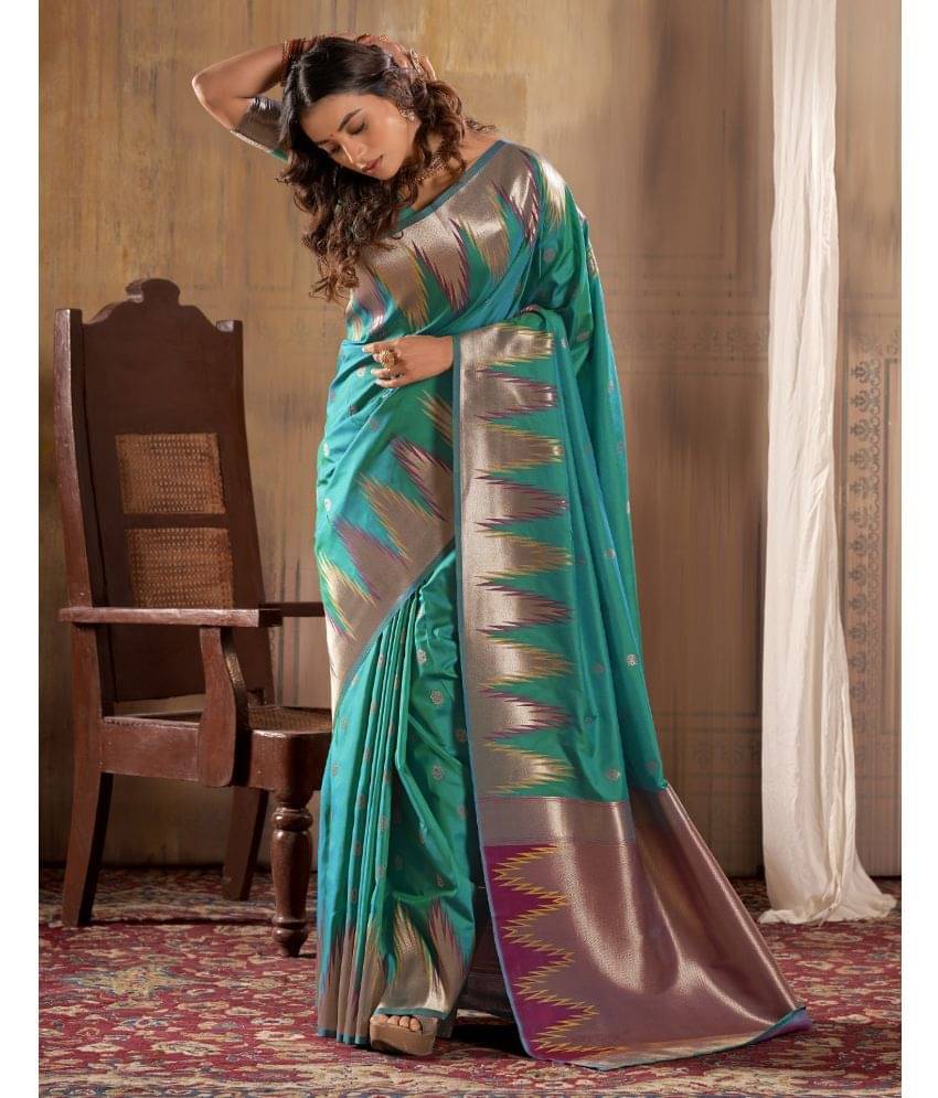 Satrani Silk Woven Saree With Unstitched Blouse Piece ( Teal ) Satrani Silk Woven Saree With Unstitched Blouse Piece ( Teal )