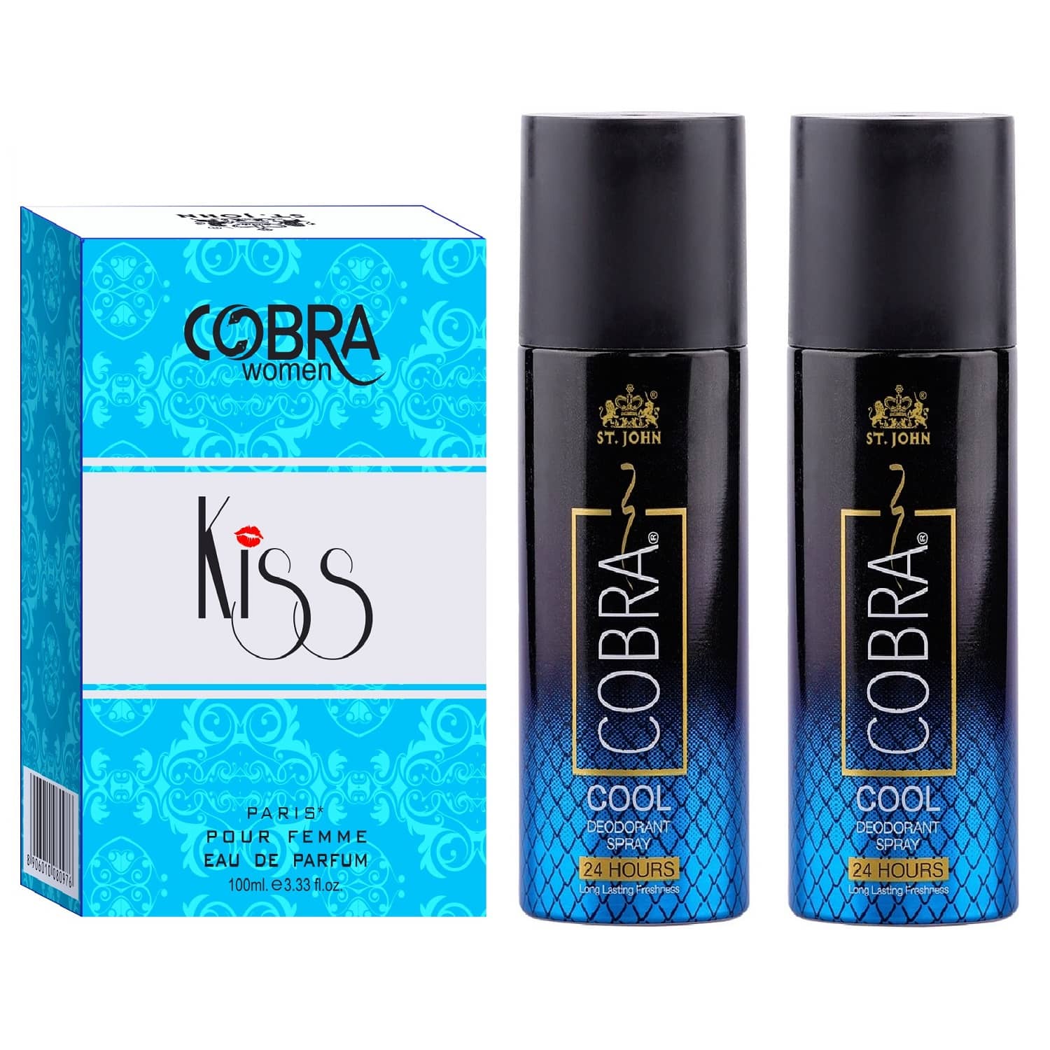ST.JOHN Cobra Cool 150ml *2 & Cobra Kiss 100ml Deodorant Spray & Perfume for Men (400ml) - Pack of 3