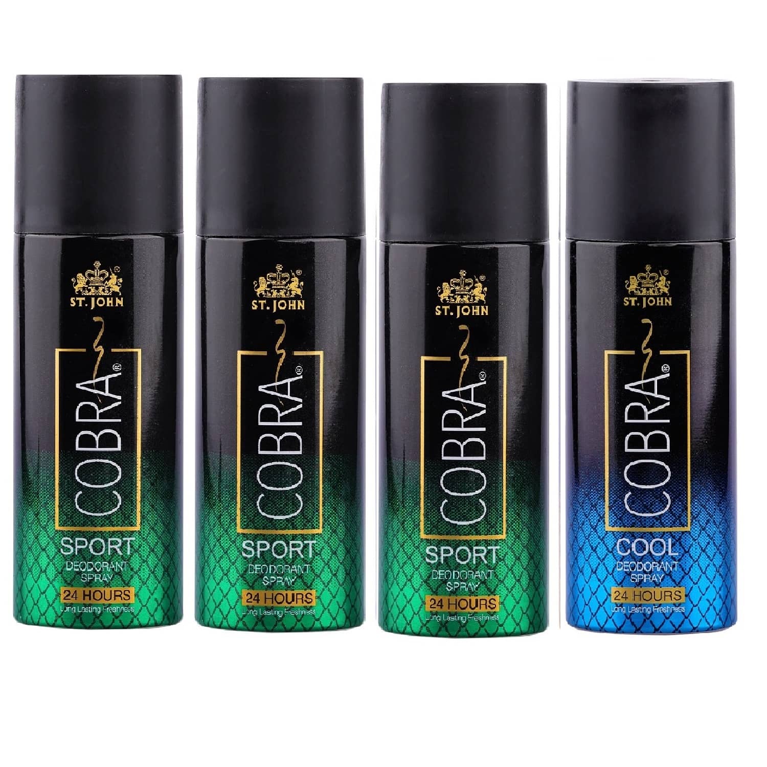 ST.JOHN Cobra Sport 150ml*3 & Cool 150ml Deodorant Spray for Men (600ml) - Pack of 4