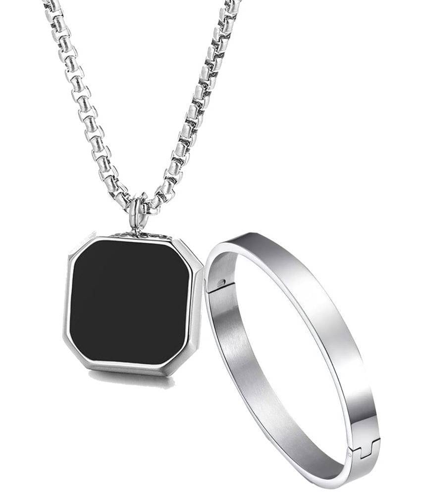 Thrillz Silver Chain For Men Stainless Steel Square Silver Chain Pendant with Silver Kada Bracelet For Men Boys Stylish Mens Jewellery Thrillz Silver Chain For Men Stainless Steel Square Silver Chain Pendant with Silver Kada Bracelet For Men Boys Stylish Mens Jewellery