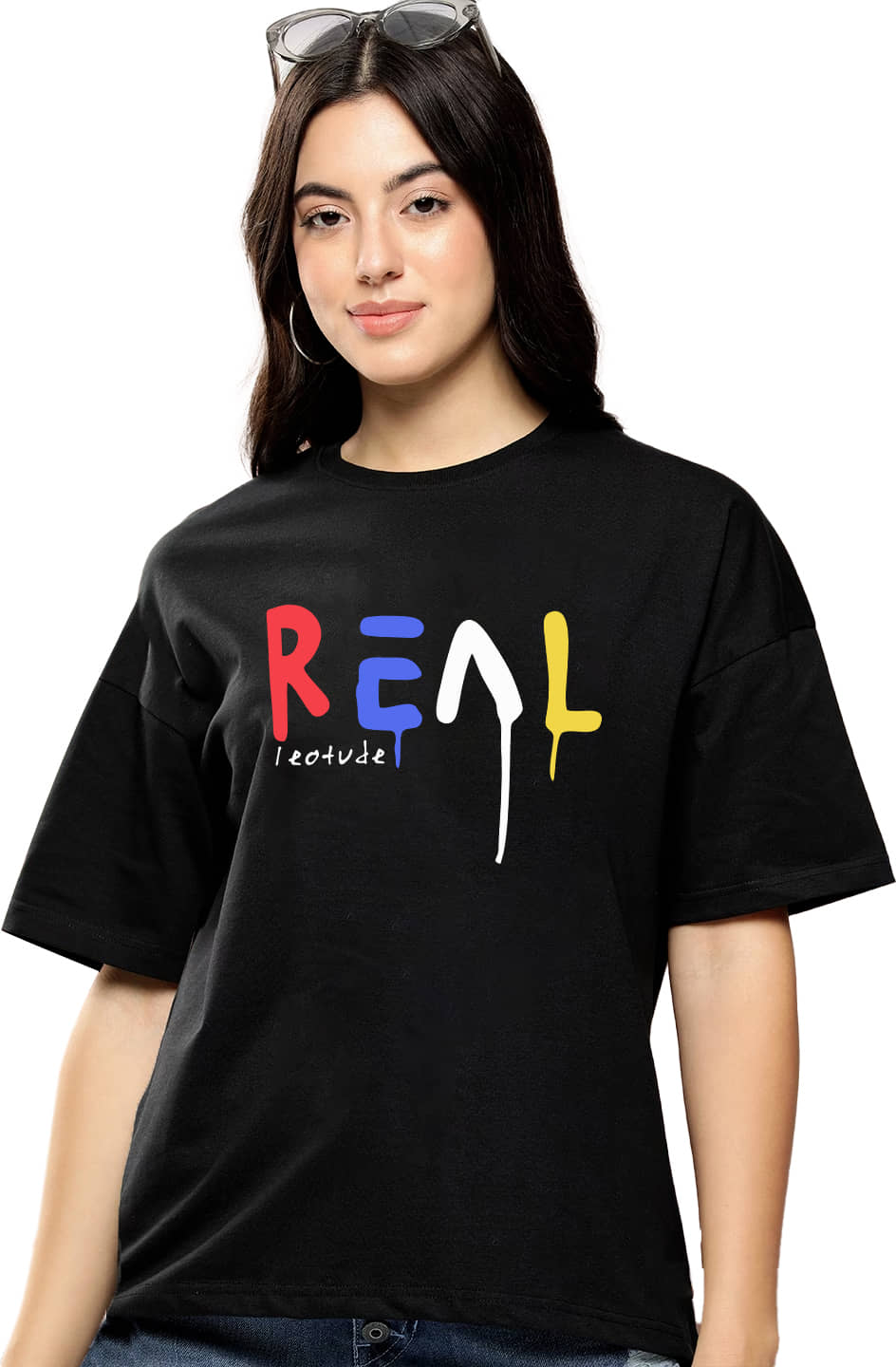 Trond Women Cotton Printed Oversized Fit Round Neck T-Shirt ( Black )