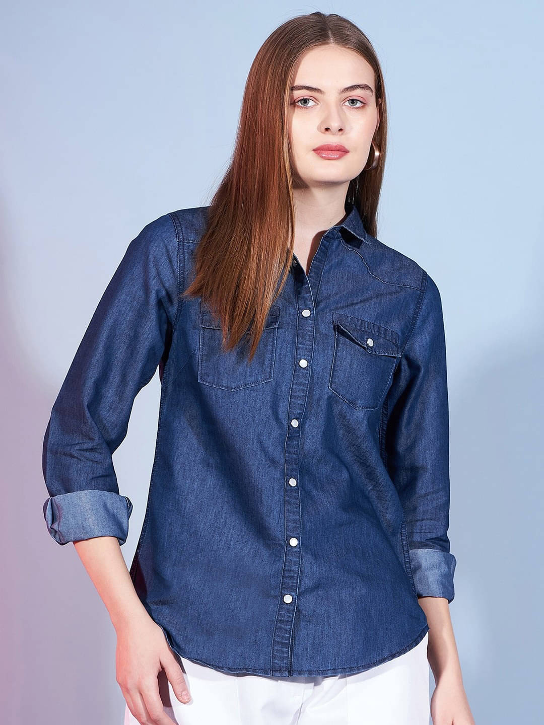     			ppkurti Women Solid Denim Shirt ( Navy Blue )
