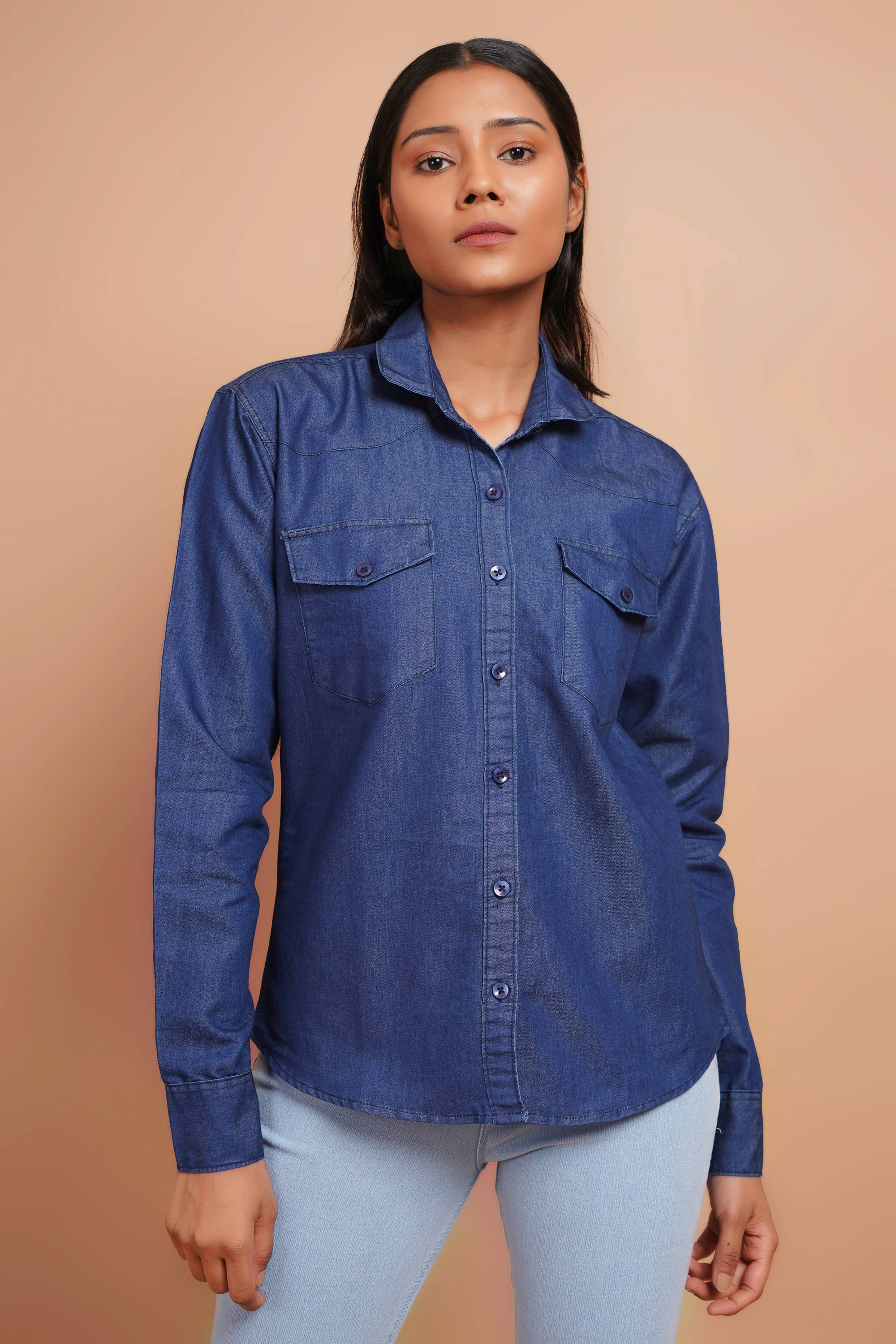     			ppkurti Women Solid Denim Shirt ( Navy Blue )