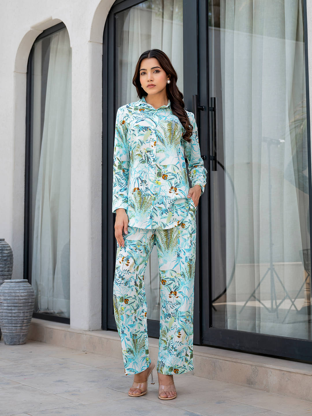     			Divena Women Printed Shirt With Trousers Co-Ord Set ( Blue )