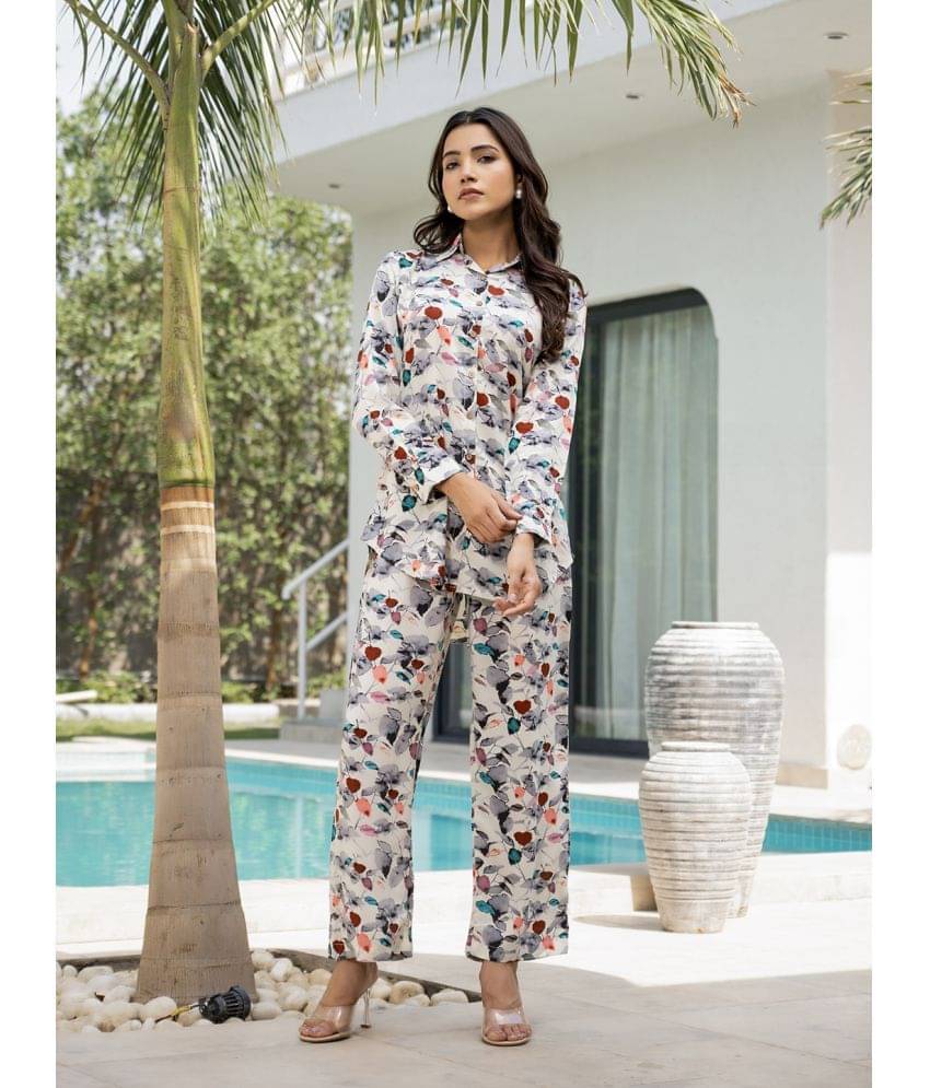     			Divena Women Printed Shirt With Trousers Co-Ord Set ( White )