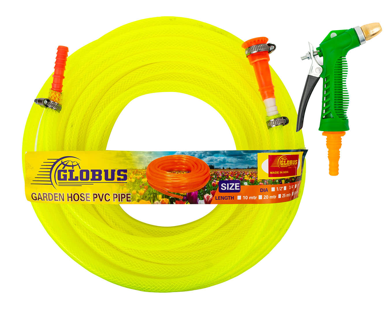 Globus Garden Nylon Water Hose Pipe(Length-10 Mtr & Thickness-1/2"/12.5mm)Multicolour with Gun Sprayer
