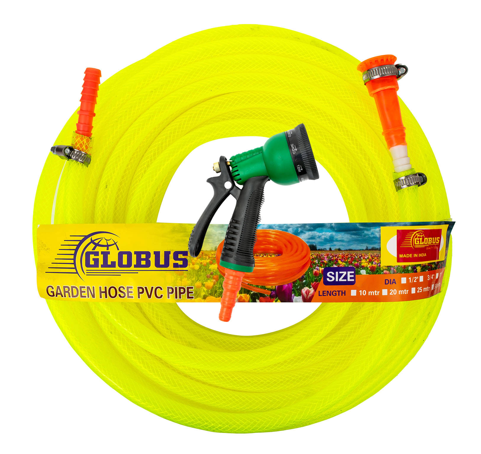     			Globus Garden Nylon Water Hose Pipe(Length-15 Mtr & Thickness-1/2"/12.5mm)Multicolour with Gun Sprayer