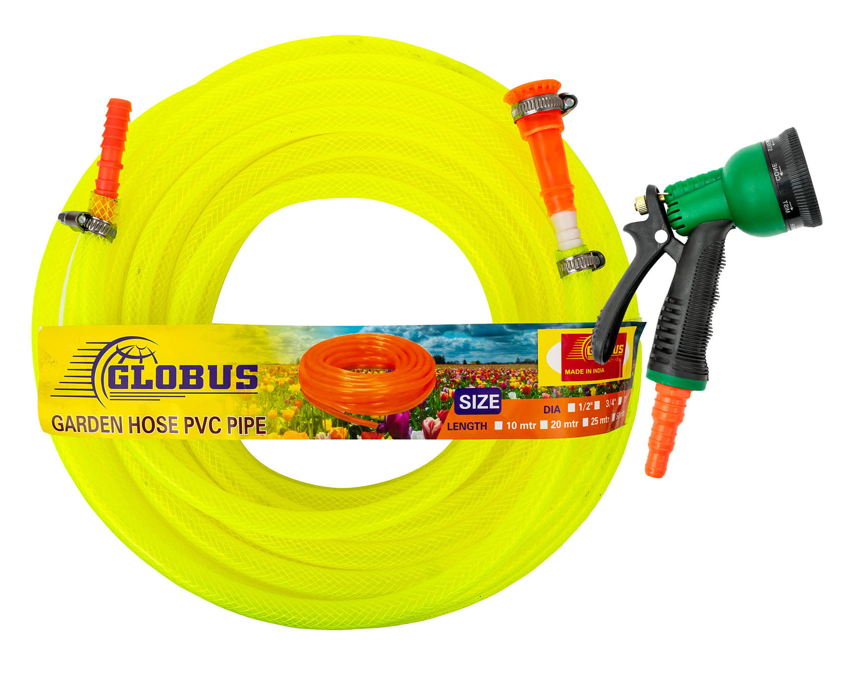     			Globus Garden Nylon Water Hose Pipe(Length-20 Mtr & Thickness-1/2"/12.5mm)Multicolour with Gun Sprayer
