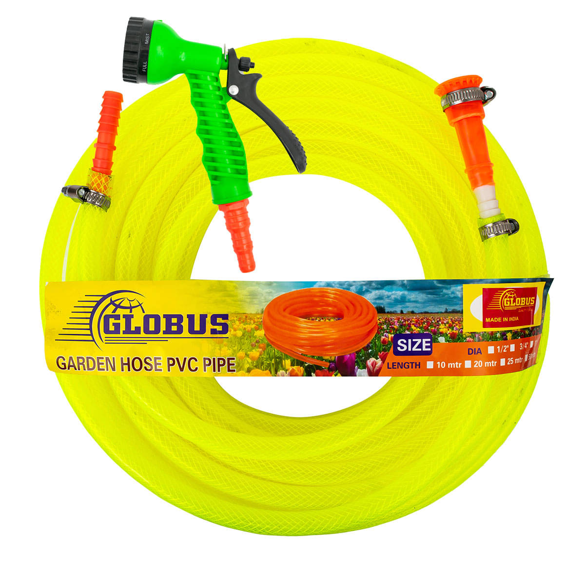     			Globus Garden Nylon Water Hose Pipe(Length-25 Mtr & Thickness-1/2"/12.5mm)Multicolour with Gun Sprayer