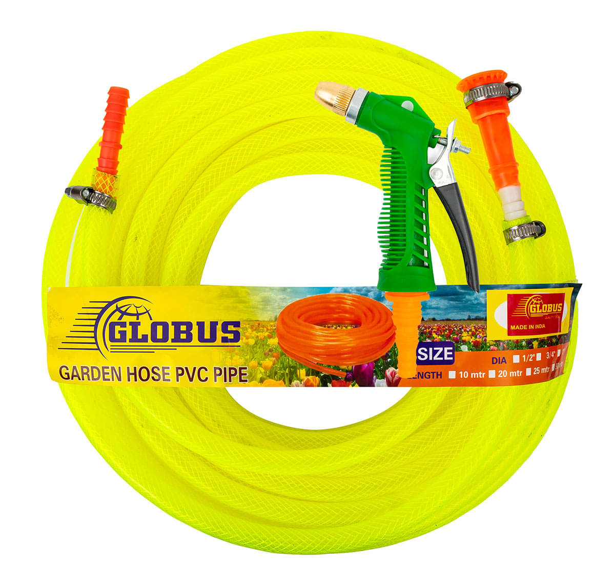     			Globus Garden Nylon Water Hose Pipe(Length-25 Mtr & Thickness-1/2"/12.5mm)Multicolour with Gun Sprayer