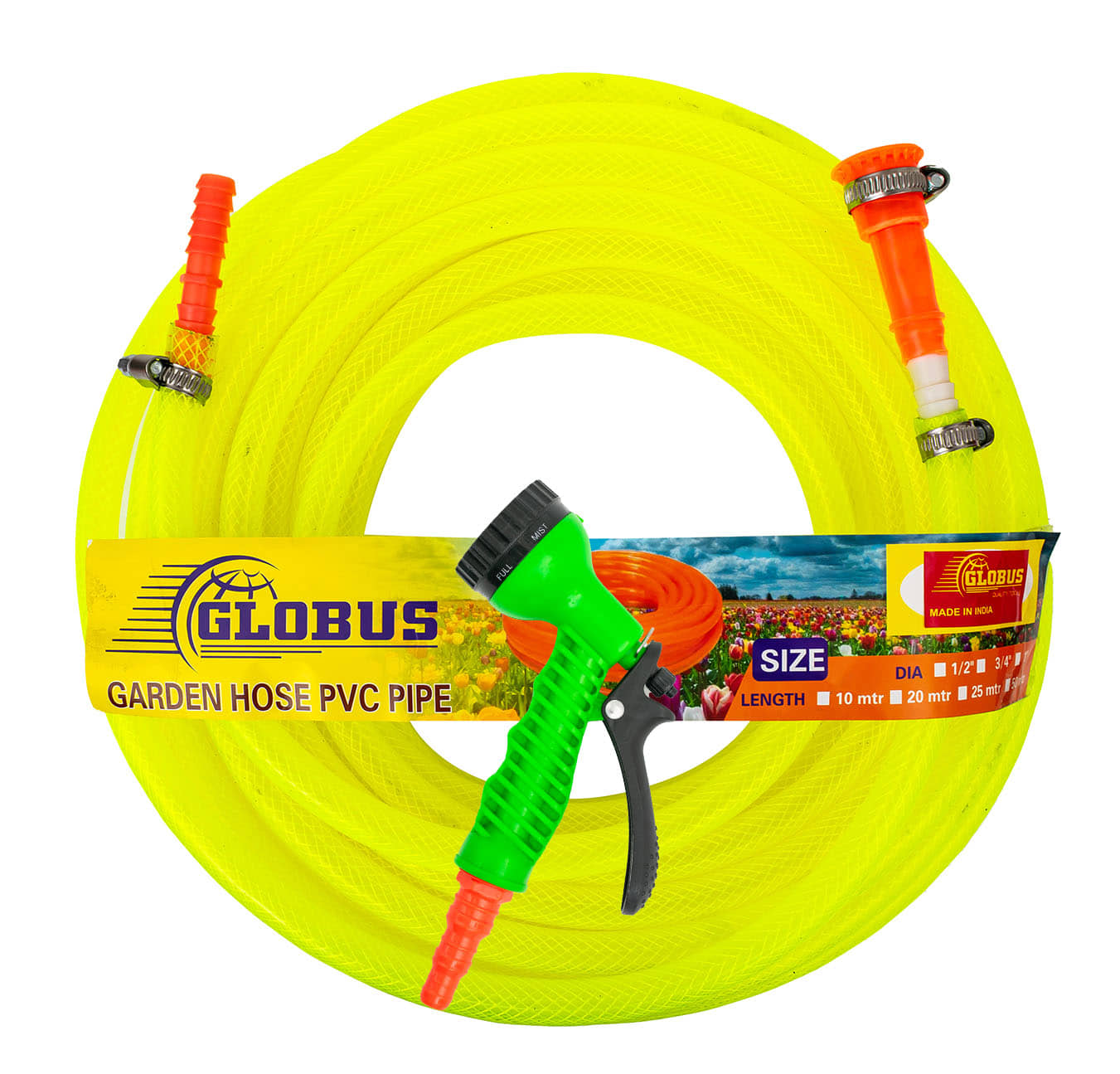 Globus Garden Nylon Water Hose Pipe(Length-5 Mtr &Thickness-1/2"/12.5mm) Multicolour with Gun Sprayer