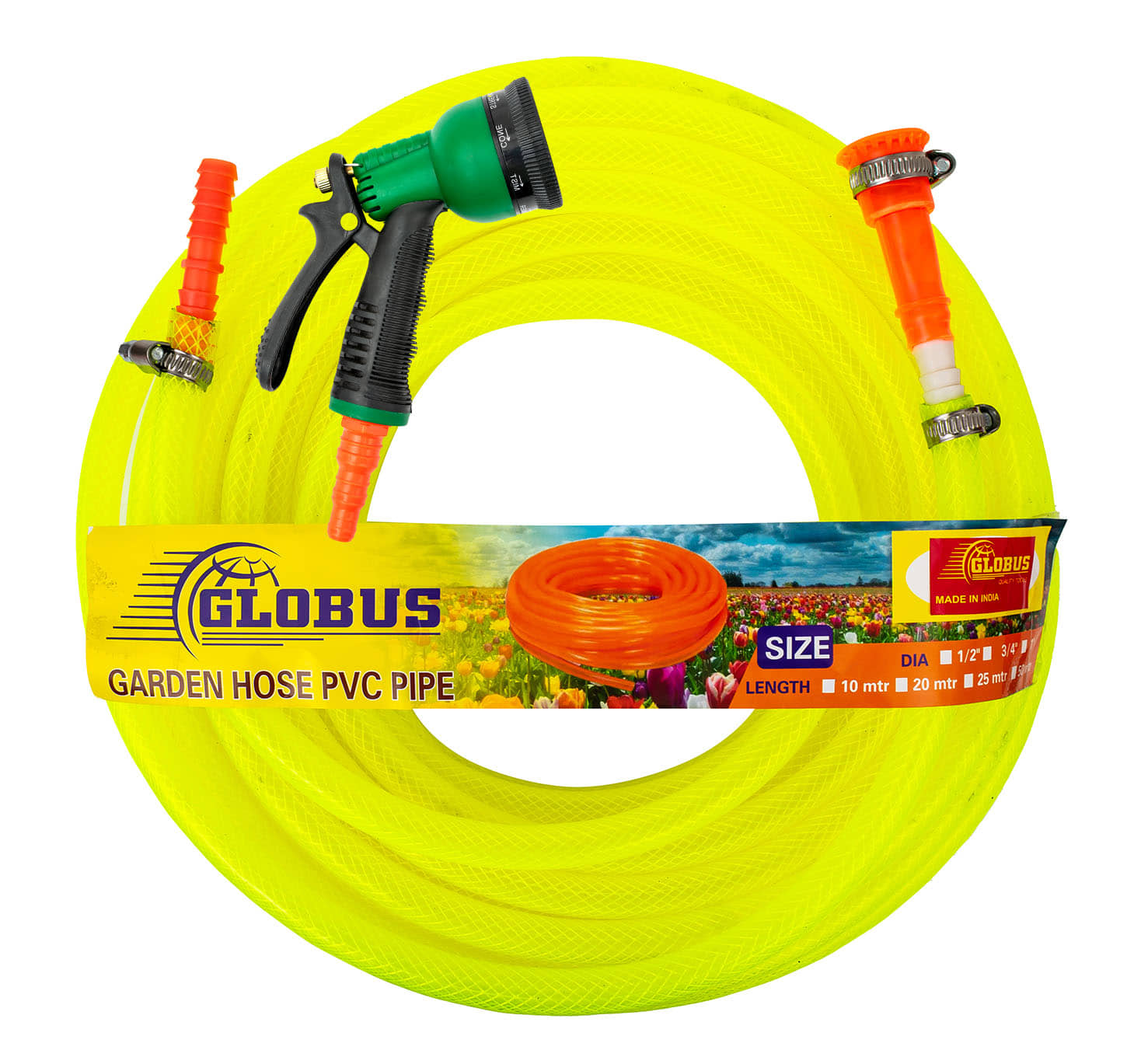 Globus Garden Nylon Water Hose Pipe(Length-5 Mtr&Thickness-1/2"/12.5mm) Multicolour with Gun Sprayer
