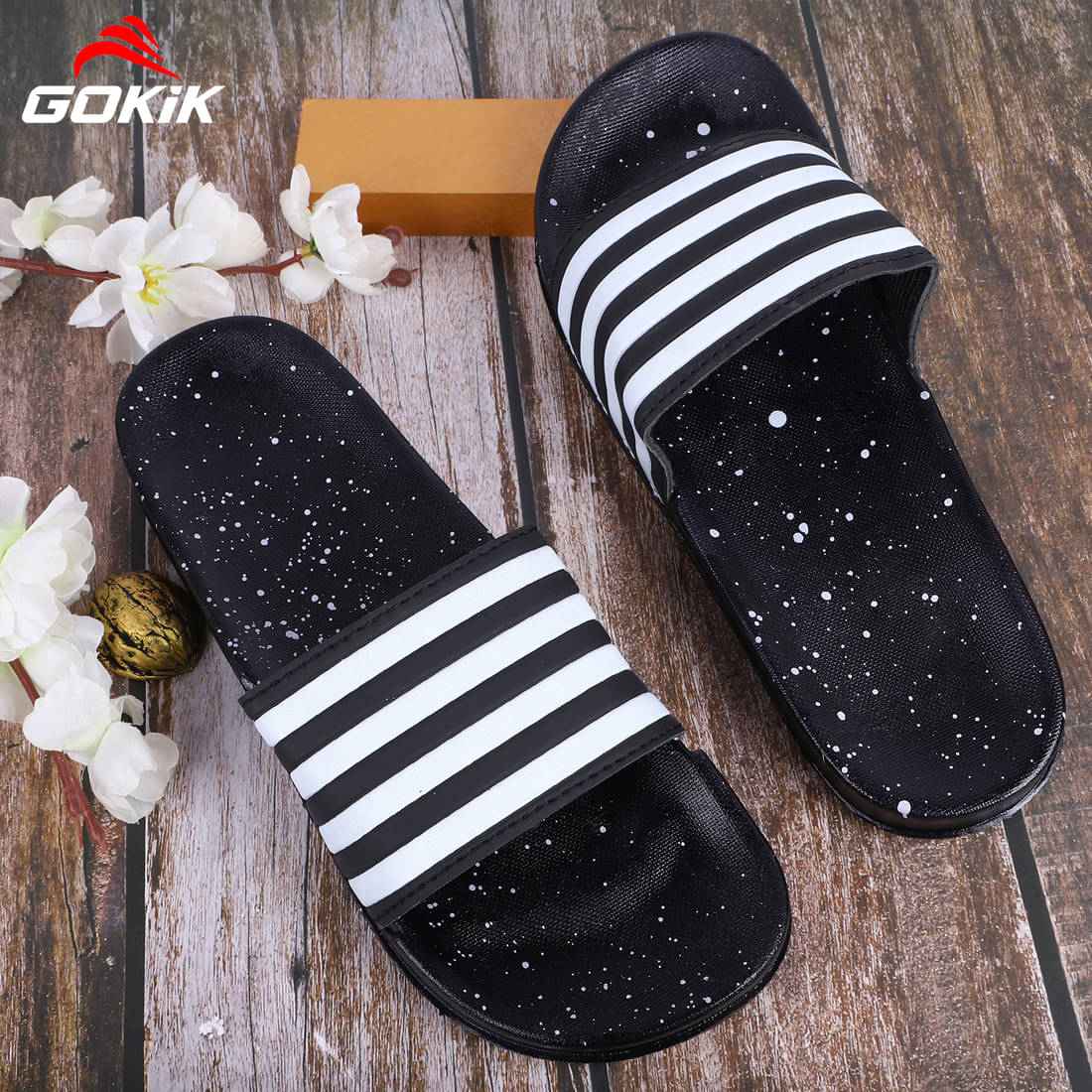     			Gokik Black Men's Slide Flip Flop