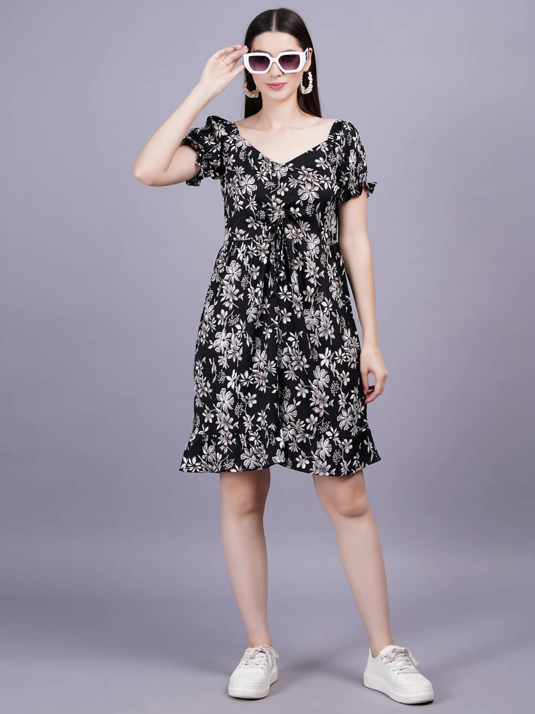     			JC4U Women Rayon Printed Fit & Flare Dress ( Black )