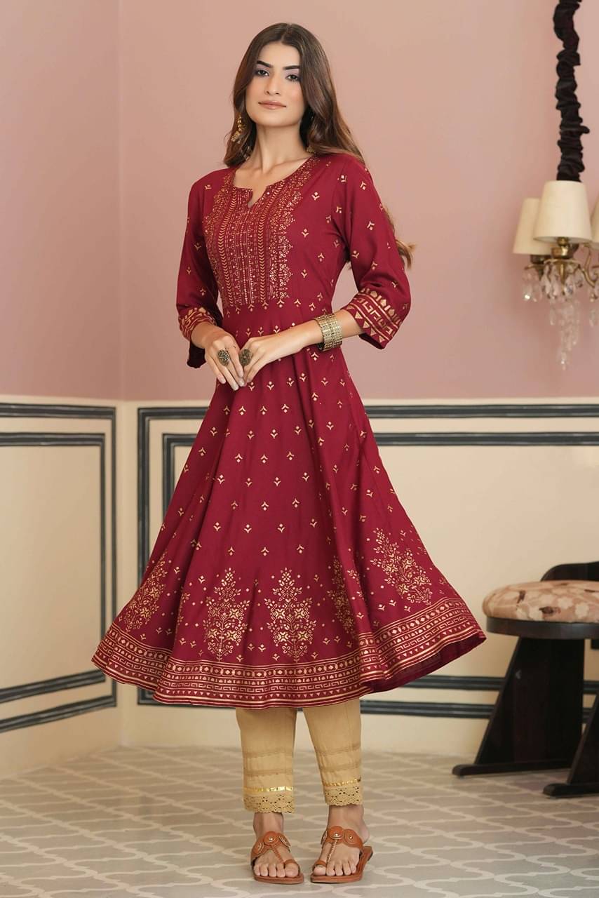     			Juniper Rayon Printed Anarkali Women's Kurti - Maroon ( Pack of 1 )