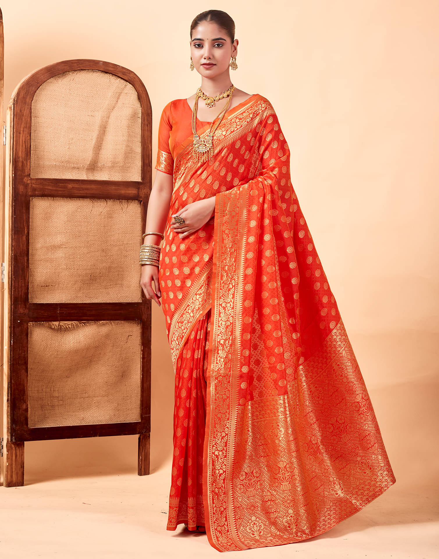 Samah Art Silk Self Design Saree With Unstitched Blouse Piece ( Orange )     			Samah Art Silk Self Design Saree With Unstitched Blouse Piece ( Orange )