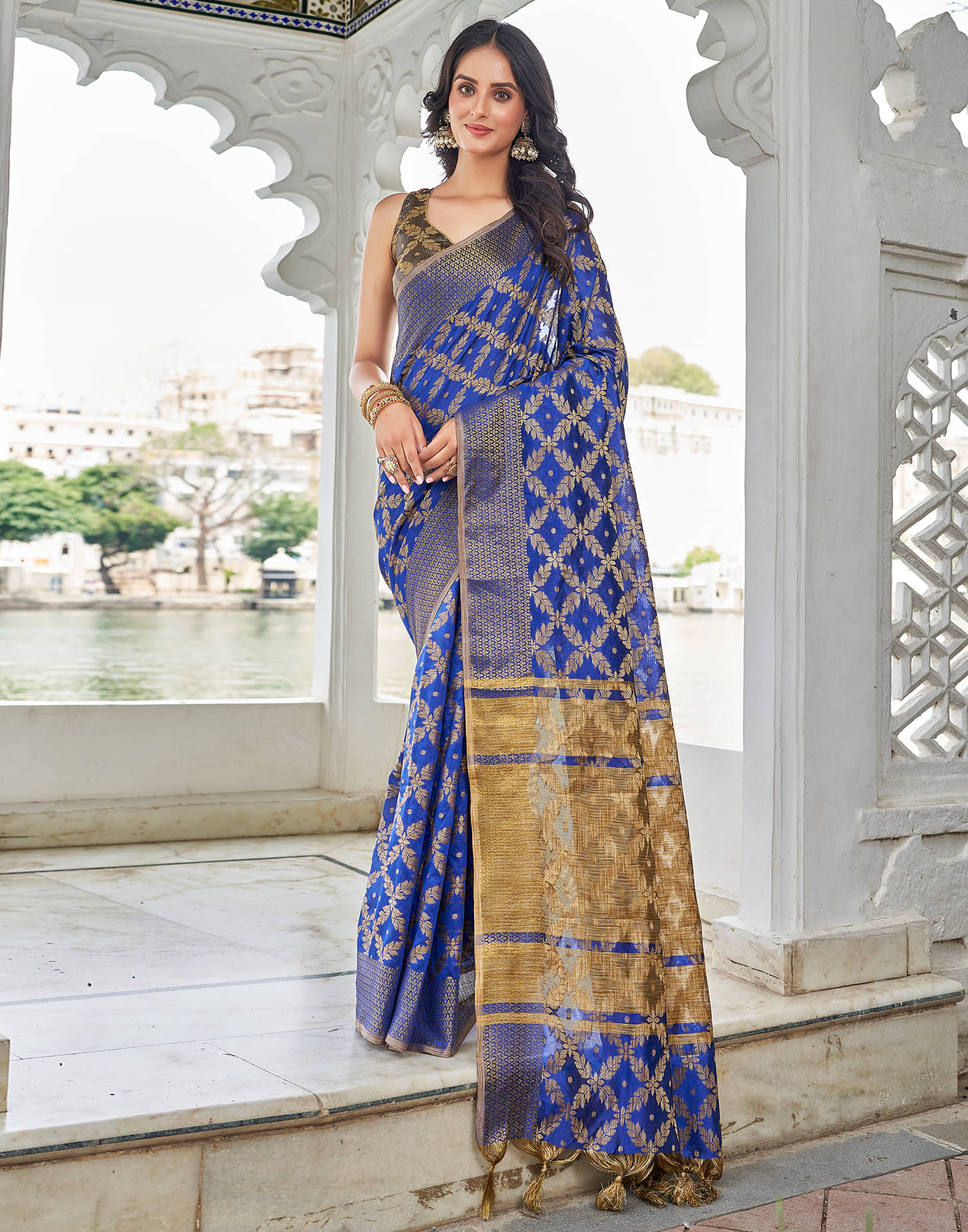     			Samah Cotton Silk Woven Saree With Unstitched Blouse Piece ( Blue )