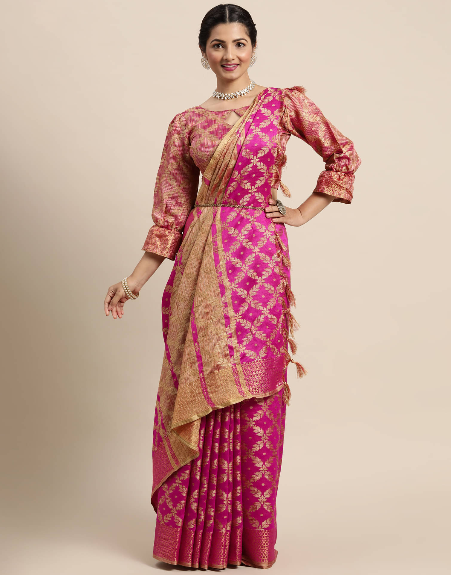 Satrani Cotton Silk Woven Saree With Unstitched Blouse Piece ( Pink ) Satrani Cotton Silk Woven Saree With Unstitched Blouse Piece ( Pink )