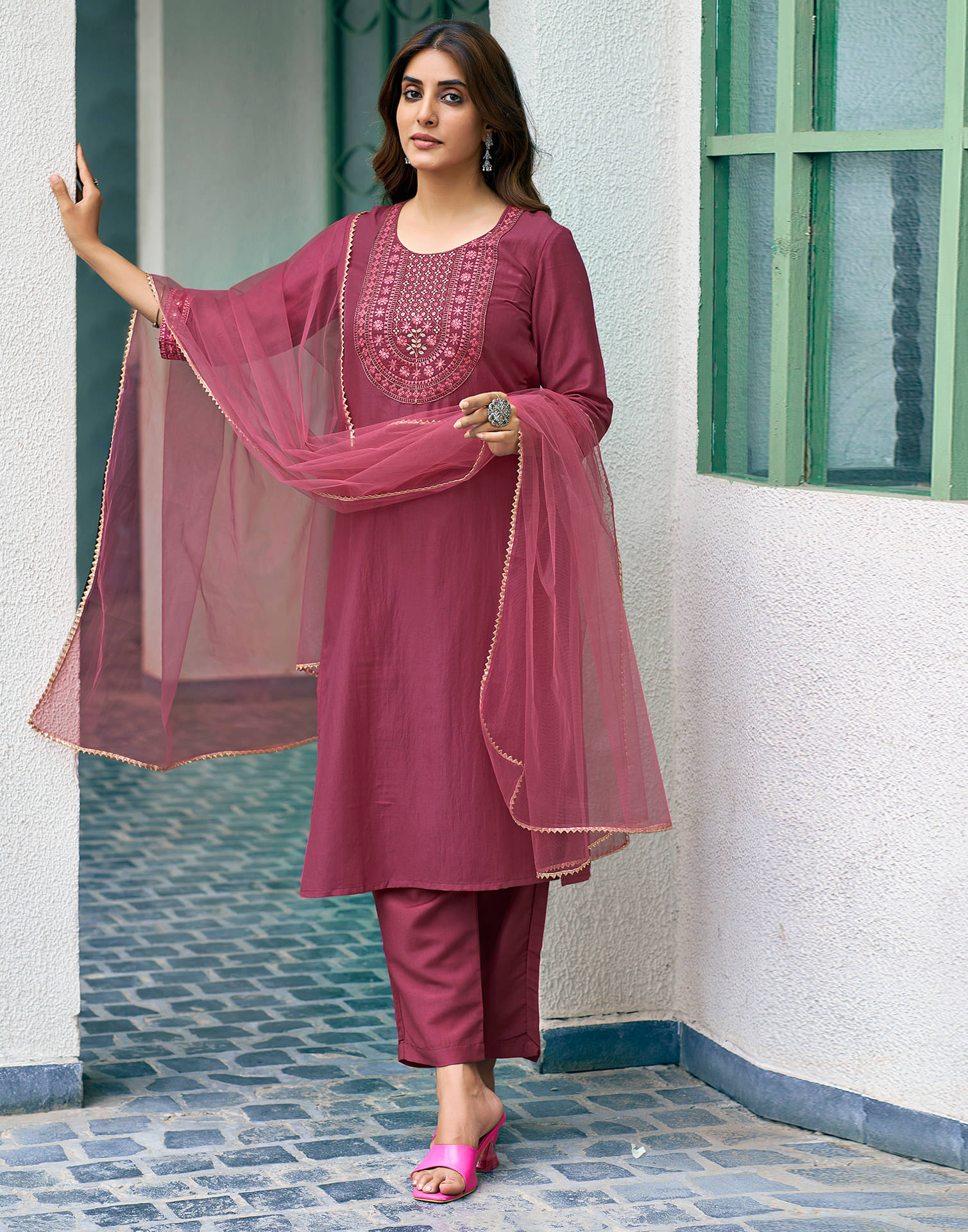 Skylee Chiffon Embroidered Kurti With Pants Women's Stitched Salwar Suit - Pink ( Pack of 1 ) Skylee Chiffon Embroidered Kurti With Pants Women's Stitched Salwar Suit - Pink ( Pack of 1 )
