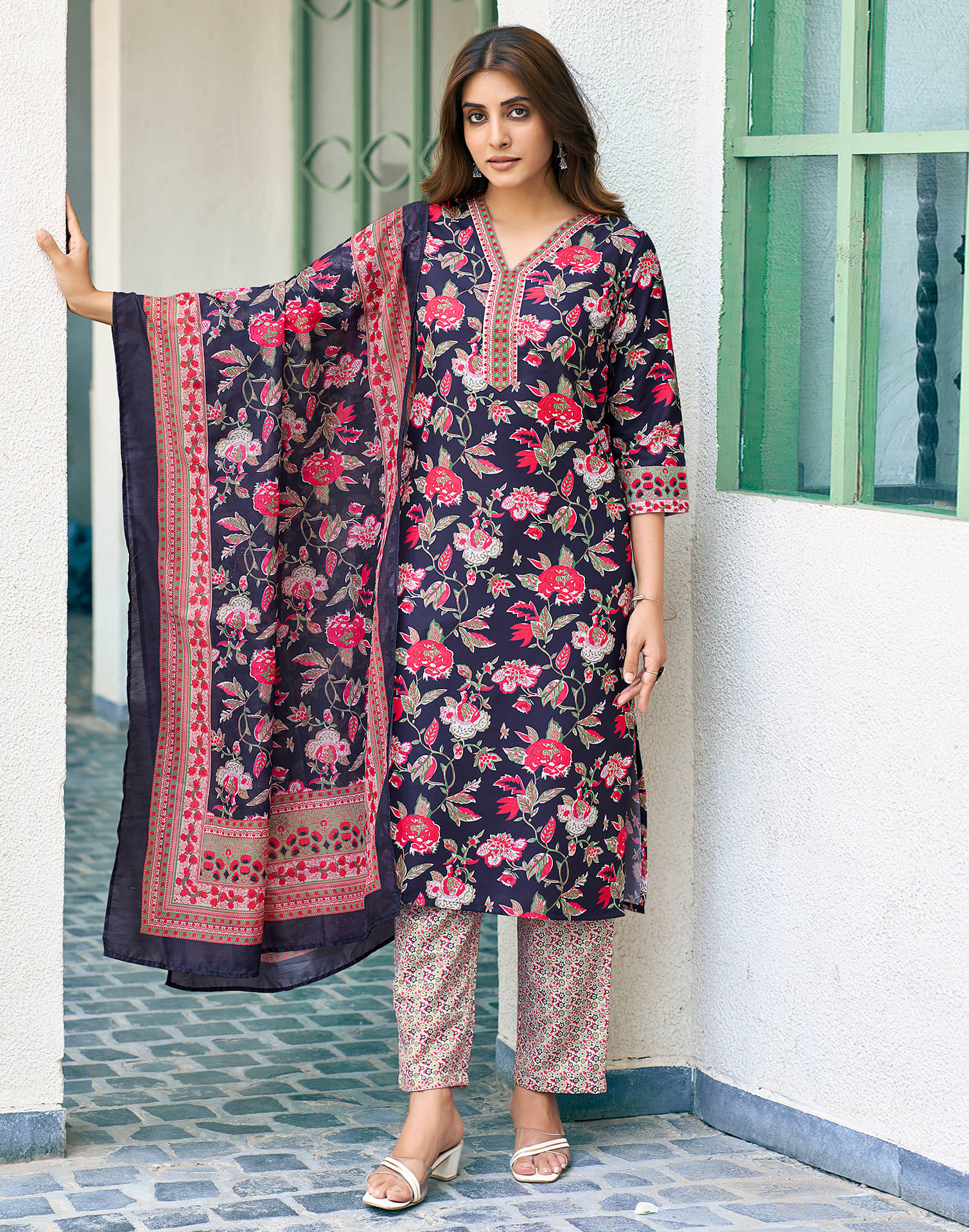 Skylee Rayon Printed Kurti With Pants Women's Stitched Salwar Suit - Navy Blue ( Pack of 1 ) Skylee Rayon Printed Kurti With Pants Women's Stitched Salwar Suit - Navy Blue ( Pack of 1 )
