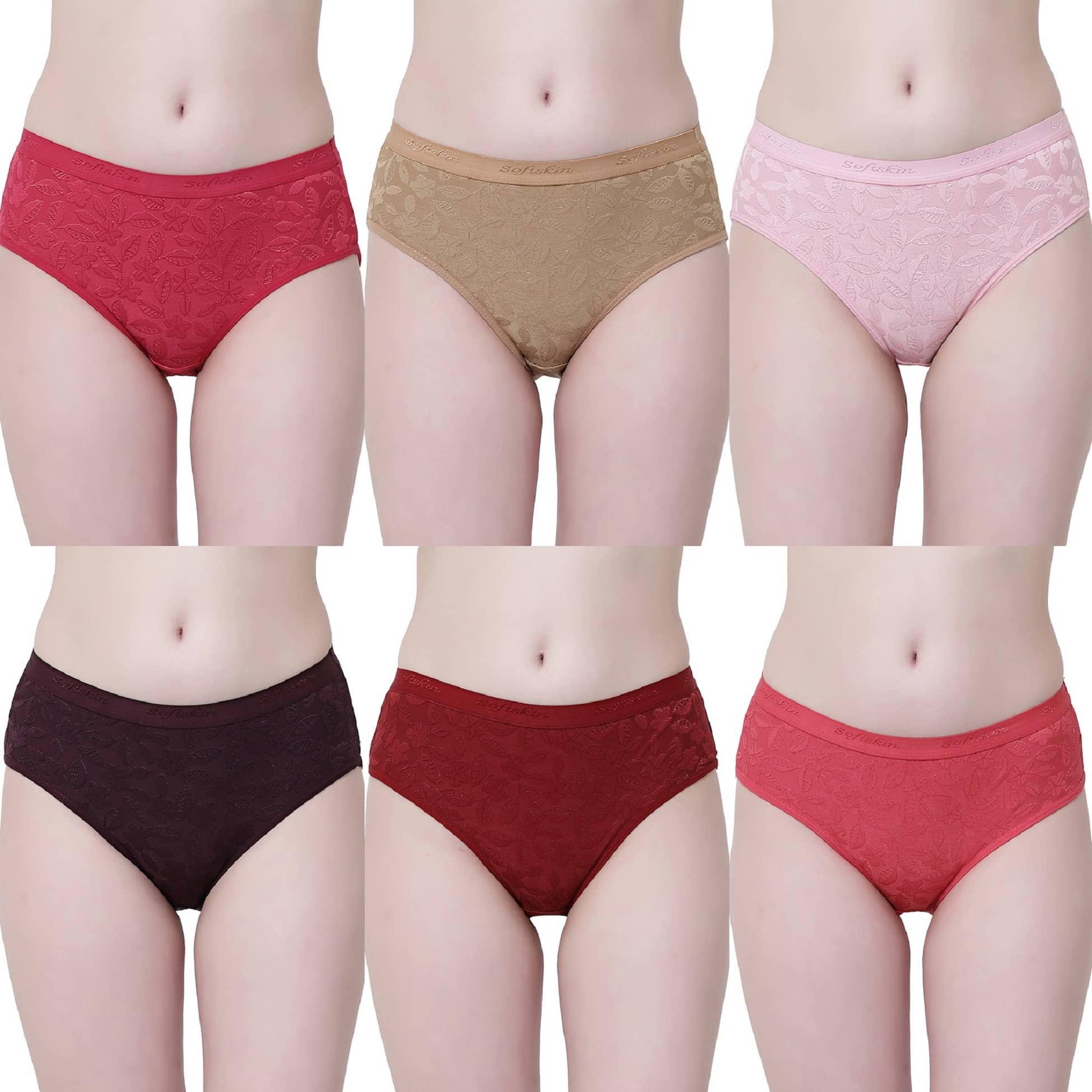 Softskin Pack of 6 Nylon Self Design Women's Hipster ( Multicolor )
