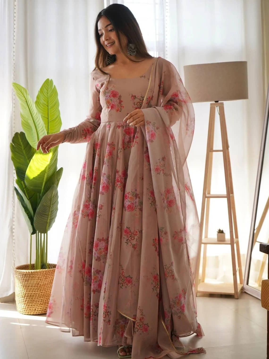 kedar fab Beige Anarkali Georgette Women's Stitched Ethnic Gown ( Pack of 1 ) - Unstitched Fabrics | Buy online on ZillyBuy
