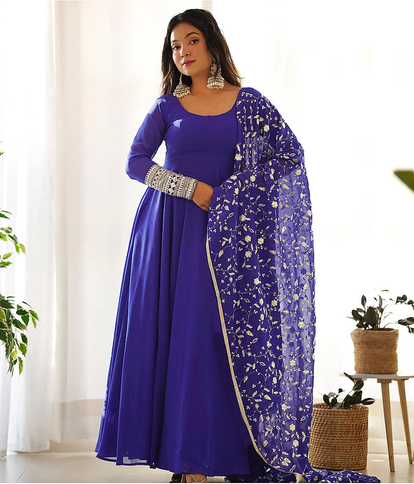 kedar fab Blue Anarkali Georgette Women's Stitched Ethnic Gown ( Pack of 1 ) - Unstitched Fabrics | Buy online on ZillyBuy