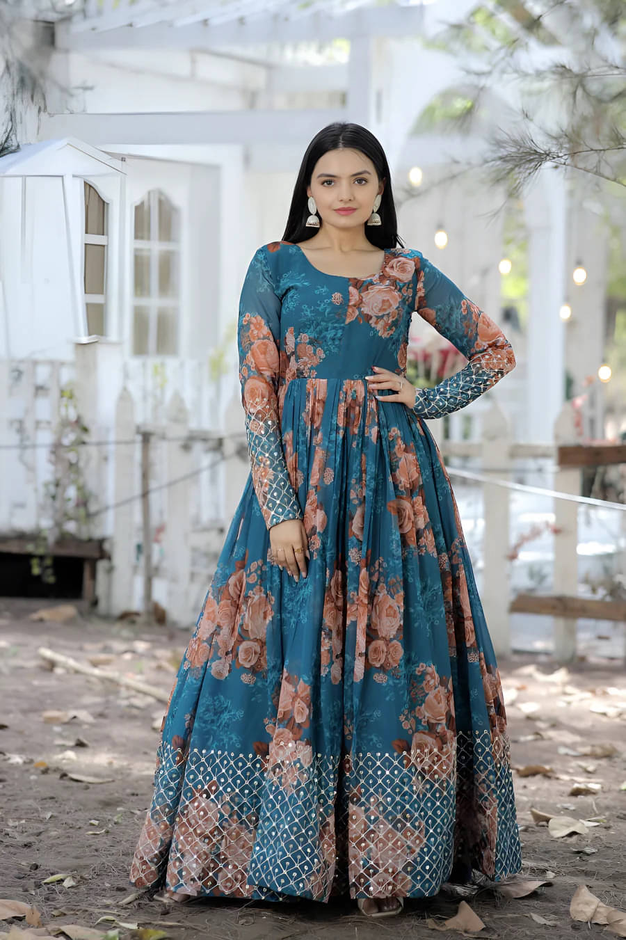     			kedar fab Georgette Printed Ankle Length Women's Gown - Blue ( Pack of 1 )