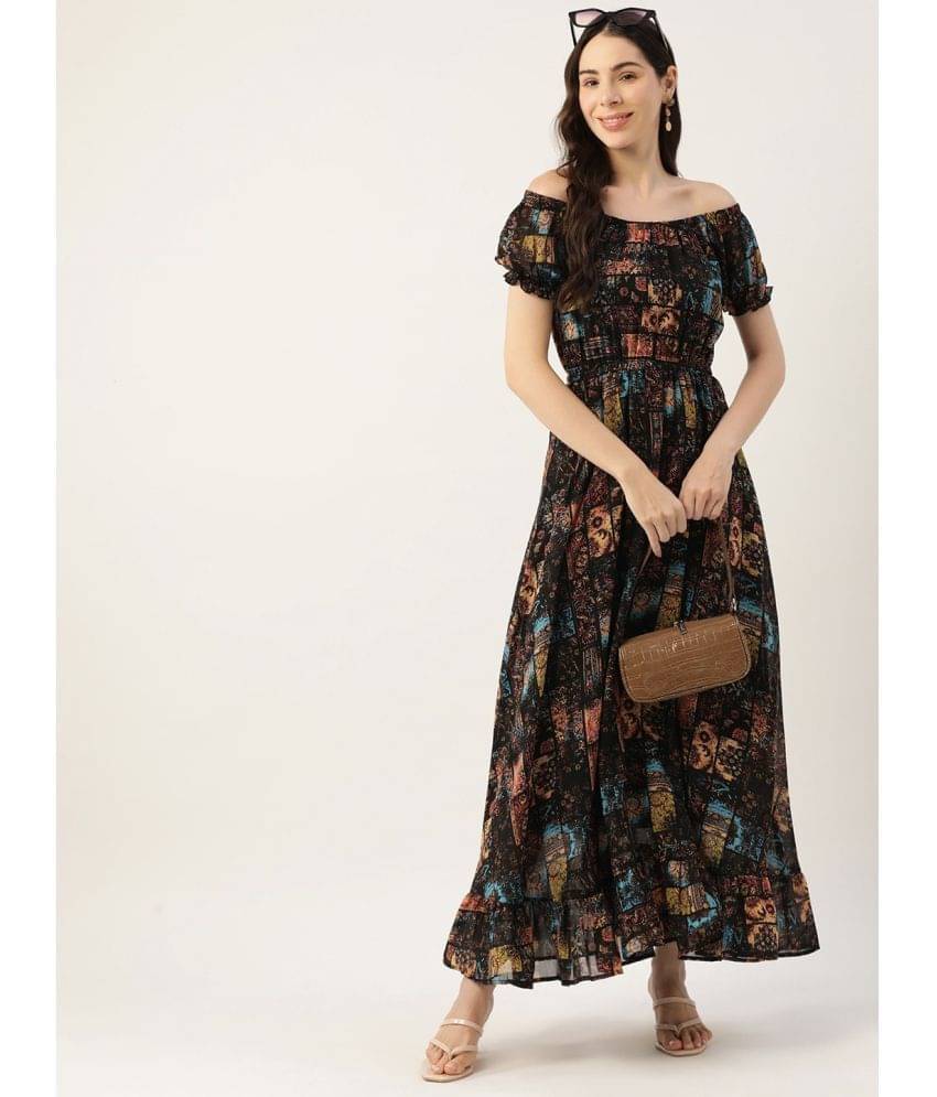     			kedar fab Women Georgette Printed Off Shoulder Dress ( Black )