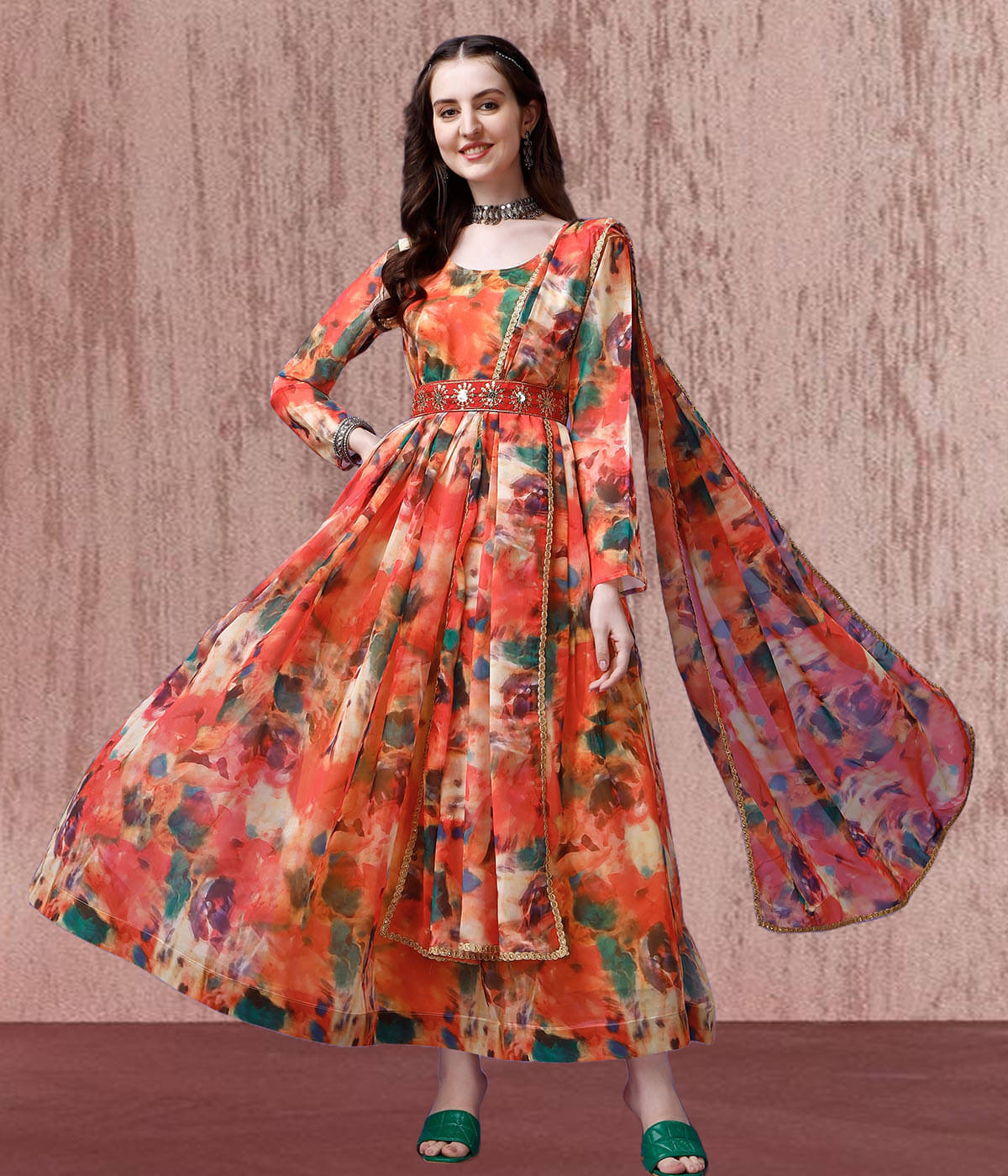 kedar fab Multicolor Anarkali Georgette Women's Stitched Ethnic Gown ( Pack of 1 )     			kedar fab Multicolor Anarkali Georgette Women's Stitched Ethnic Gown ( Pack of 1 )